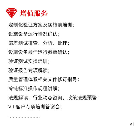 定制化溫濕度驗(yàn)證增值服務(wù)：定制化驗(yàn)證方案及實(shí)施前培訓(xùn)； 設(shè)施設(shè)備運(yùn)行情況確認(rèn)； 偏差測(cè)試排查、分析、處理； 設(shè)施設(shè)備最佳運(yùn)行參數(shù)確認(rèn)； 驗(yàn)證測(cè)試實(shí)操培訓(xùn)； 驗(yàn)證報(bào)告專(zhuān)項(xiàng)解讀； 質(zhì)量管理體系相關(guān)文件修訂指導(dǎo)； 冷鏈標(biāo)準(zhǔn)操作規(guī)程講解； 法規(guī)解讀，行業(yè)動(dòng)態(tài)咨詢(xún)，政策法規(guī)預(yù)警； VIP客戶(hù)專(zhuān)項(xiàng)培訓(xùn)答謝會(huì)；