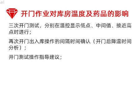 開(kāi)門(mén)作業(yè)對(duì)庫(kù)房溫度影響及藥品的影響：三次開(kāi)門(mén)測(cè)試，分別在溫控顯示低點(diǎn)、中間值、接 近高點(diǎn)時(shí)進(jìn)行； 再次開(kāi)門(mén)出入庫(kù)操作的間隔時(shí)間確認(rèn)（開(kāi)門(mén)后降溫 時(shí)間分析）； 開(kāi)門(mén)測(cè)試操作指導(dǎo)建議；