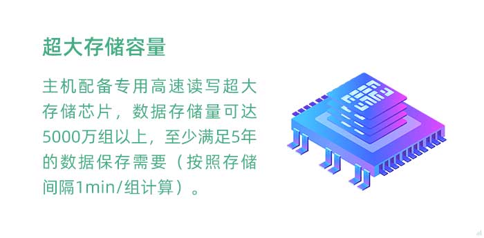 超大存儲容量。GT3100G車載溫濕度監(jiān)測主機配備專用高速讀寫超大存儲芯片，數(shù)據(jù)存儲量可達(dá)5000萬組以上，至少滿足5年的數(shù)據(jù)保存需要（按照存儲間隔1min/組計算）。