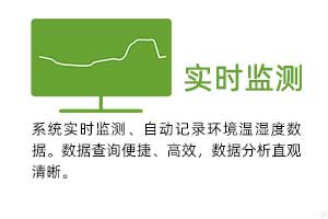實時監(jiān)測：系統(tǒng)實時監(jiān)測、自動記錄環(huán)境溫濕度數(shù)據(jù)。 數(shù)據(jù)查詢便捷、高效，數(shù)據(jù)分析直觀清晰。
