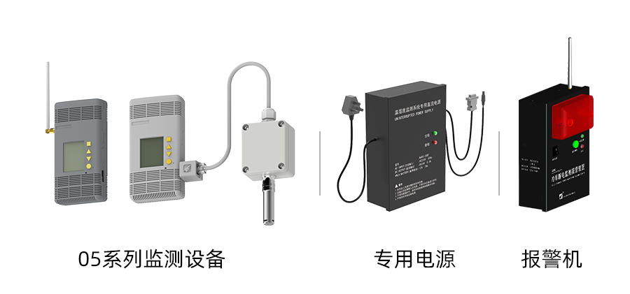部分設(shè)備展示：05系列溫濕度監(jiān)測設(shè)備、報(bào)警機(jī)